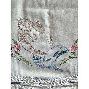 Praying Hands Pillowcase Hand Embroidered White Crocheted Edge pink Tan Prayer